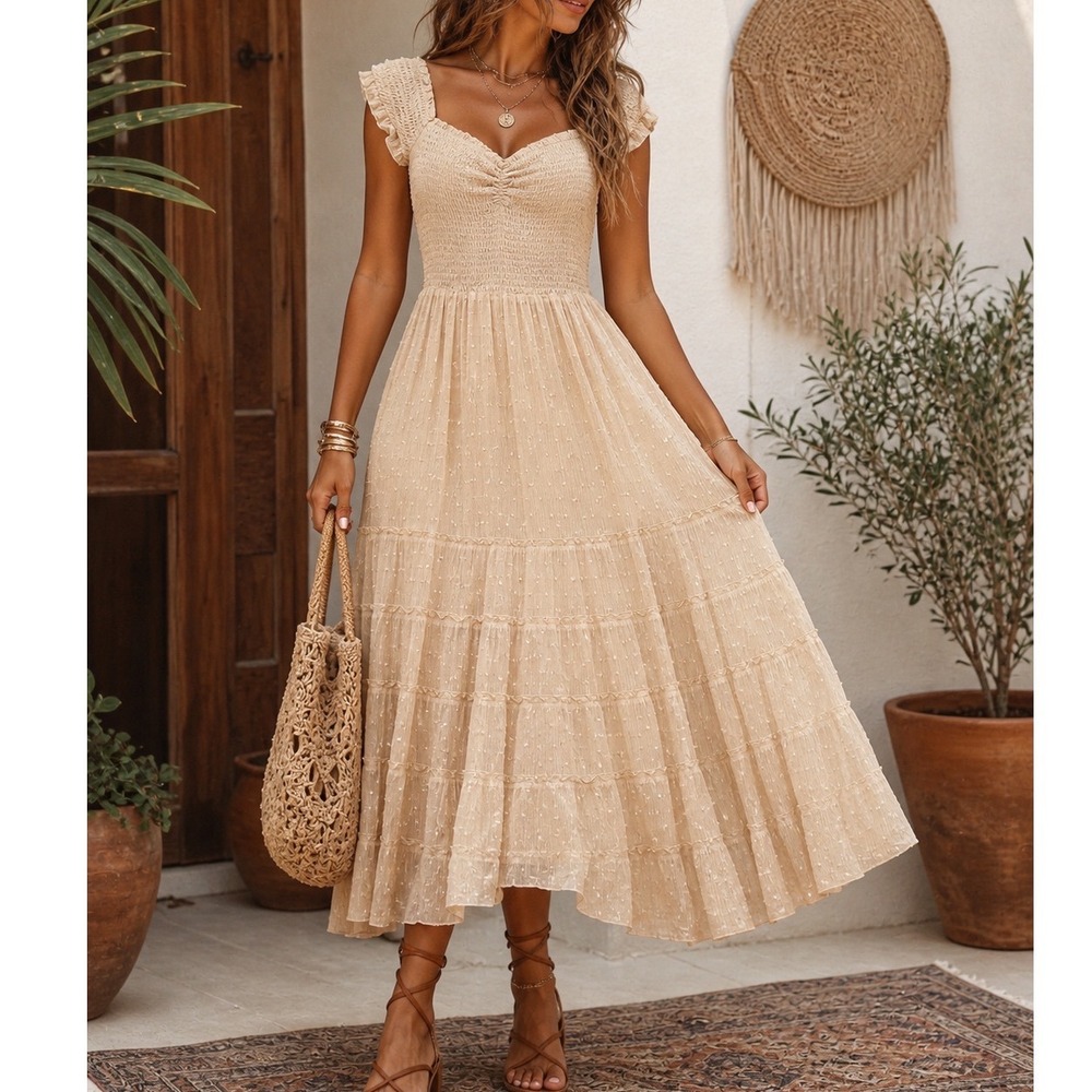 Heartloom Cream Swiss Dot Smocked Tiered Midi Dress Ruffle Sleeve Small k3